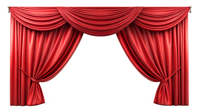 Elegant red stage curtains with swag isolated on transparent background create a dramatic and luxurious atmosphere for any performance or event
