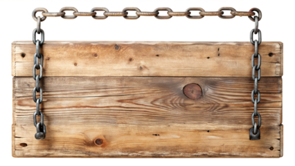 Rustic wooden sign hanging from metal chain isolated on transparent background, perfect for adding a vintage touch to your design project