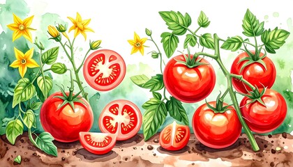 Fototapeta premium Watercolor illustration of tomatoes and flowers