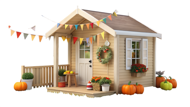 Charming playhouse decorated for autumn isolated on transparent background festive fall scene with pumpkins, wreath, and colorful bunting