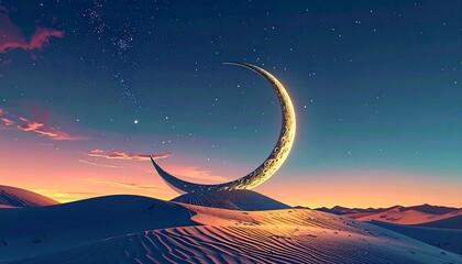 A crescent moon hovers over a desert landscape at twilight
