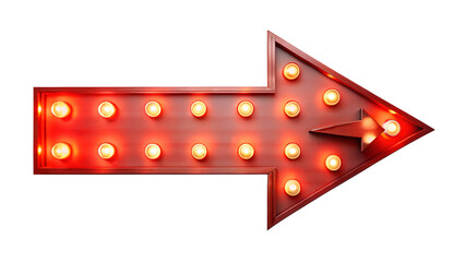 Vintage red arrow sign with glowing light bulbs isolated on transparent background, perfect for retro and directional designs