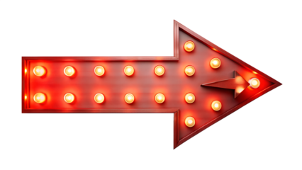 Vintage red arrow sign with glowing light bulbs isolated on transparent background, perfect for retro and directional designs