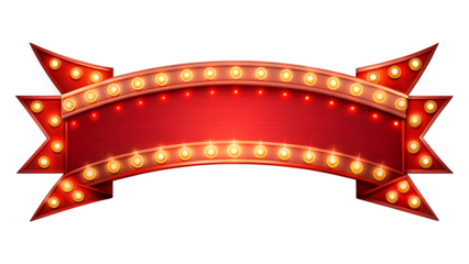 Vintage illuminated banner sign with glowing light bulbs isolated on transparent background, retro style, advertising, promotion, and signage concept