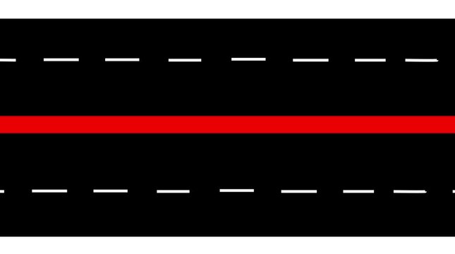 Black asphalt road with dashed white lane lines and solid red divider line top down view abstract background texture