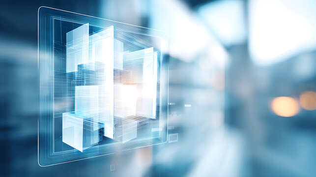 Digital interface with transparent 3D geometric shapes displayed on a futuristic screen in a modern office environment