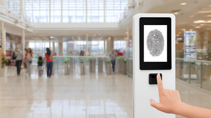 Fingerprint scanning device in a public indoor space with people in the background