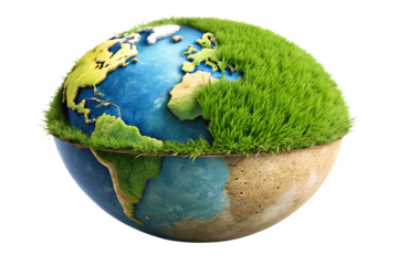 Conceptual earth globe half covered in green grass isolated on transparent background, symbolizing environmental awareness and sustainable living