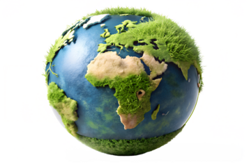 Green planet earth with grass and water isolated on transparent background representing environmental conservation and sustainable development concept