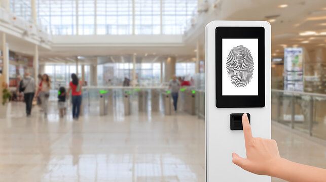 Fingerprint scanning device in a public indoor space with people in the background
