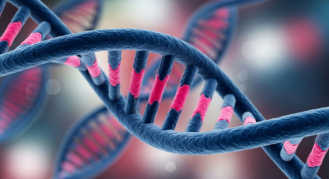 Close-up of a DNA double helix, blue strands with pink connectors, showcasing genetic code structure, symbolizing science, research, and life's blueprint
