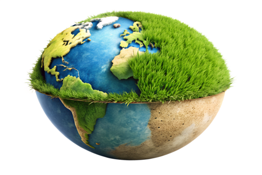 Conceptual earth globe half covered in green grass isolated on transparent background, symbolizing environmental awareness and sustainable living