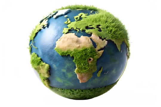 Green planet earth with grass and water isolated on transparent background representing environmental conservation and sustainable development concept