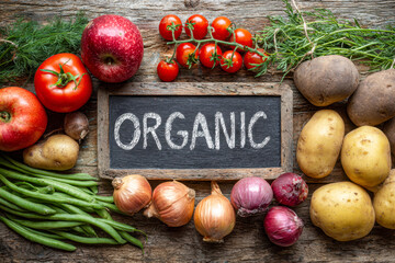 Fresh organic vegetables and fruits arranged around a rustic chalkboard on textured wooden surface symbolizing healthy natural food options and farm produce