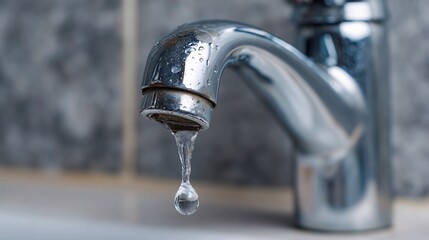 A close-up shot of a shiny chrome faucet with a single drop of water dripping from its spout, indicating a leak in a bathroom or kitchen.