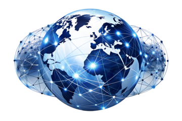 Global internet connection concept isolated on transparent background worldwide network with globe, dots and lines digital communication and technology