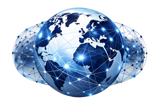 Global internet connection concept isolated on transparent background worldwide network with globe, dots and lines digital communication and technology