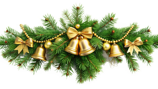 Christmas decoration with fir branch, gold bell, bow and garland isolated on transparent background festive ornament for winter holidays