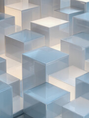 Fototapeta premium Abstract arrangement of translucent glass cubes with soft lighting creating a geometric pattern and subtle reflections in an artistic modern design background