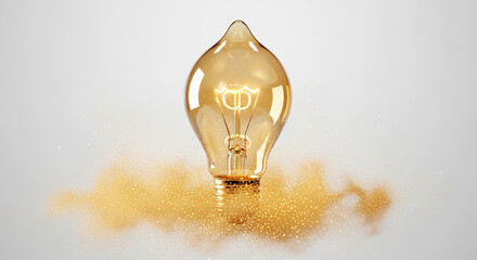 Glowing lightbulb on gray background, surrounded by golden glitter, symbolizing inspiration, innovation, and new ideas, perfect for creative or business concepts