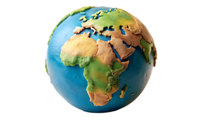 Play dough globe showing the continents isolated on transparent background, a creative representation of our planet earth and its diverse geography
