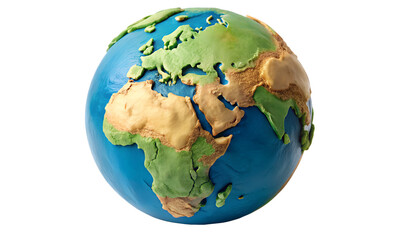 Globe made of play dough showing the continents isolated on transparent background, a creative representation of our planet earth and its diversity
