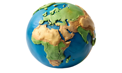 Globe made of play dough showing the continents isolated on transparent background, a creative representation of our planet earth and its diversity