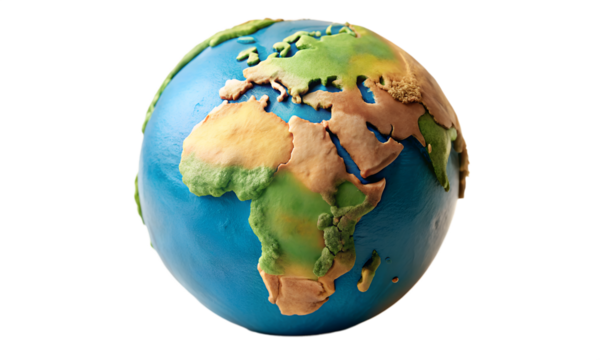 Play dough globe showing the continents isolated on transparent background, a creative representation of our planet earth and its diverse geography