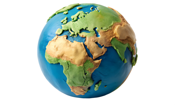 Globe made of play dough showing the continents isolated on transparent background, a creative representation of our planet earth and its diversity