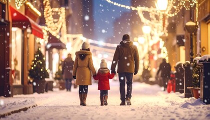 Family strolling snowy Christmas street