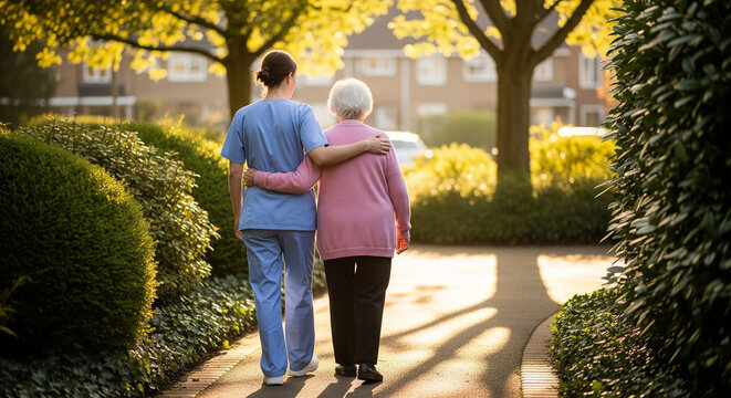 Healthcare worker with elderly woman on sunny path, senior support concept for eldercare advertising, hospital and clinic websites, senior living facilities, family care services, healthcare brochures
