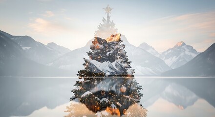 A beautiful double exposure of a christmas tree and a mountain landscape with a lake in winter, creating a serene and festive scene