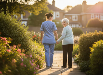 Obraz premium Healthcare worker with elderly woman on sunny path, senior support concept for eldercare advertising, hospital and clinic websites, senior living facilities, family care services, healthcare brochures