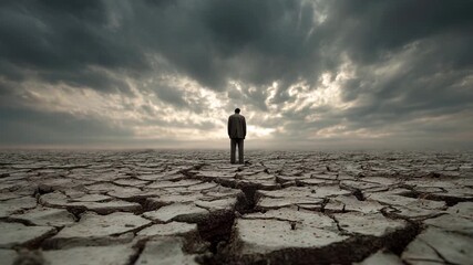 Man standing alone on cracked earth under dramatic sky at twilight