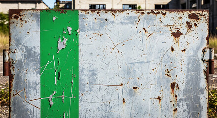 Rusted Metal Surface with Green Stripe and Peeling Paint