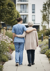 Obraz premium Healthcare worker with elderly woman on sunny path, senior support concept for eldercare advertising, hospital and clinic websites, senior living facilities, family care services, healthcare brochures