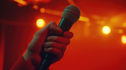 Close up of man hand holding microphone on red stage background.