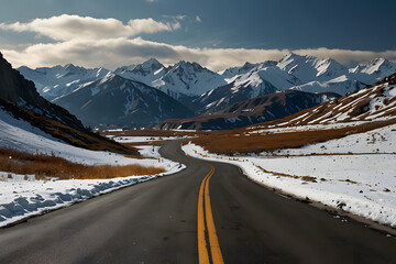 "Scenic Mountain Road with Snow Peaks and Winding Highway &ndash; Breathtaking Landscape of Rocky Mountains in Winter and Autumn Travel Adventure Concept"