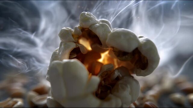 Camera zooms in on a hot popcorn piece with steam and glow among corn kernels