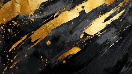 Gold and black brush strokes grunge painted abstract background texture.