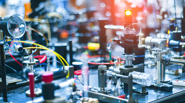 Laboratory equipment with optical instruments and glassware in a research setting