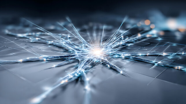 Abstract digital network with glowing nodes and radiating connections, depicting data flow or neural activity - Powered by Adobe