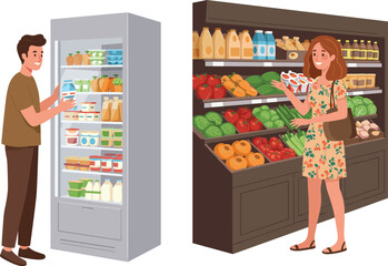 Grocery shopping, healthy lifestyle, fresh produce, dairy section, supermarket interior, food choices, retail store, vegetables