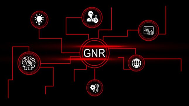 Futuristic G N R concept network connections with A I brain lightbulb money graph globe and gears icons on black background digital technology abstract