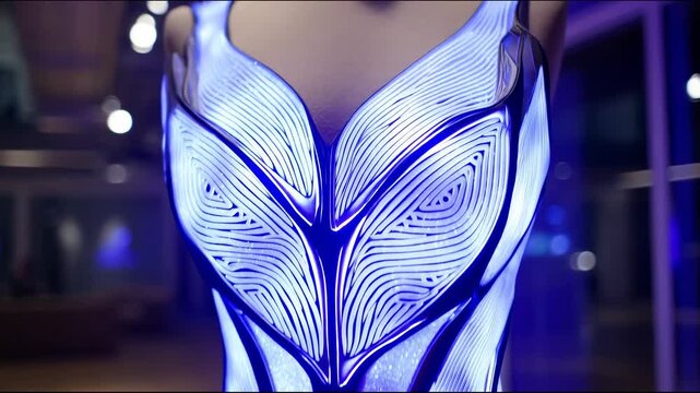A mannequin in a modern interior displays a futuristic glowing dress that shifts between blue and purple lights, gradually intensifying the brightness of its patterned details