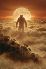 Fantasy Giant Bear Mythical Creature Moonrise Surreal Glowing Light Silhouette Above Forest Clouds in Cinematic Dreamlike Atmosphere