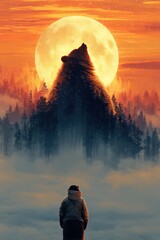 Fantasy Giant Bear Mythical Creature Moonrise Surreal Glowing Light Silhouette Above Forest Clouds in Cinematic Dreamlike Atmosphere