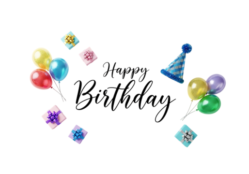 Colorful party balloons and gift boxes scattered around a festive party hat isolated on transparent background