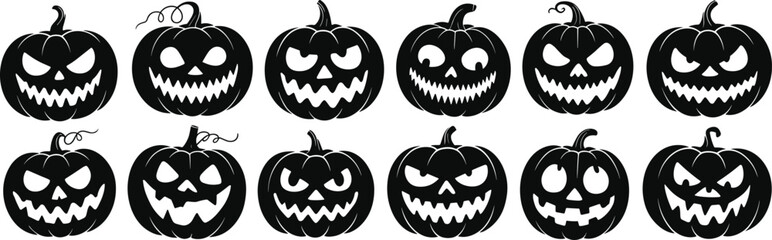 Halloween pumpkin faces, scary jack o lantern silhouettes, spooky carved pumpkins, horror Halloween design, creepy pumpkin illustration, Halloween decoration vector