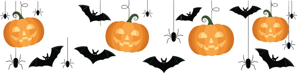 Halloween pumpkins, spooky bats, hanging spiders, festive decoration, white background, creepy cute, October holiday, scary fun, seasonal pattern, trick or treat